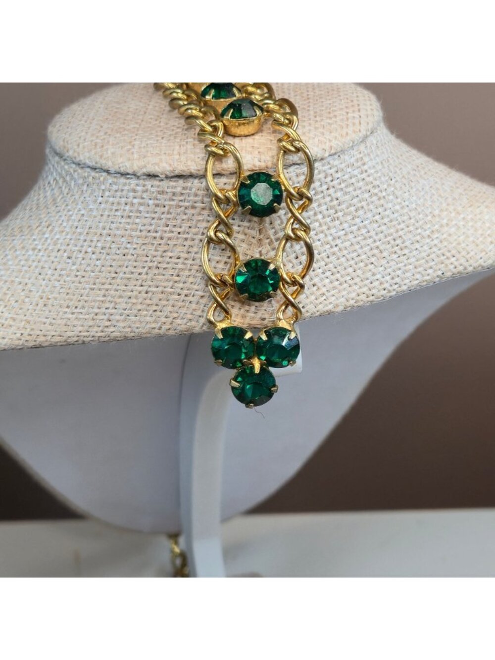 Vintage Art Deco Emerald Green Rhinestone Ladder Drop Pendant Necklace Gold Tone - Picture 15 of 16
